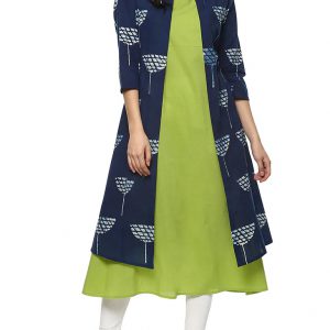 Blue and Green Cotton Regular Kurta