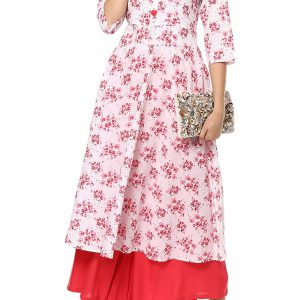 White And Pink Cotton Regular Kurta