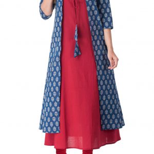 Marron And  Blue  Cotton Regular Kurta