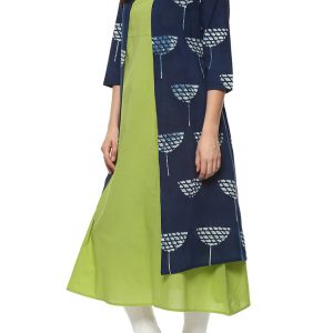 Blue and Green Cotton Regular Kurta