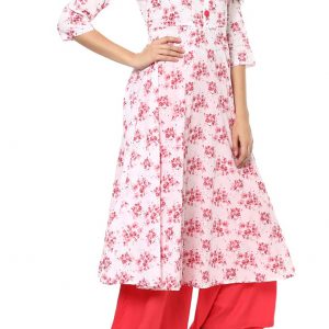 White And Pink Cotton Regular Kurta