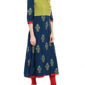 Green And Blue  Cotton Regular Kurta