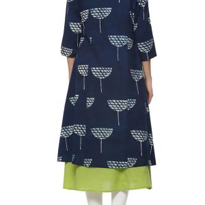 Blue and Green Cotton Regular Kurta